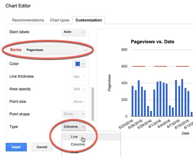 Cách tạo biểu đồ dải (band chart) động thể hiện lưu lượng truy cập website trong Google Sheets